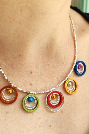 Unique Colorful Bib Necklace - Silver and Anodized Aluminum