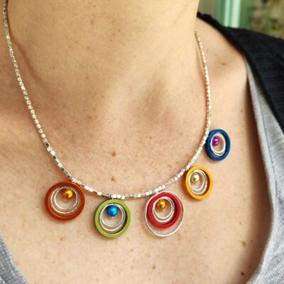 Unique Colorful Bib Necklace - Silver and Anodized Aluminum